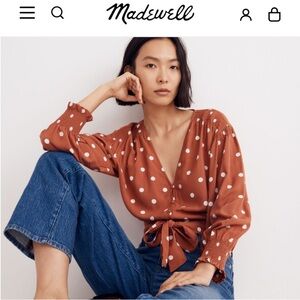 Madewell Tie-Front Blouse, print: dot, color: weathered brick
